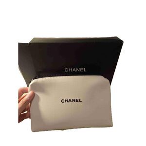NEW Chanel White Neoprene Zipper Pouch Brand Logo Compact Size